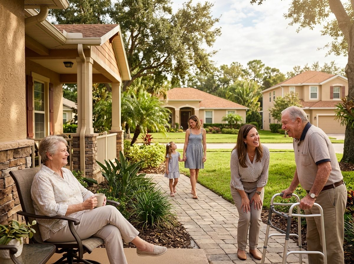 Seniors, families, and supportive staff enjoying community life outside a welcoming Florida supportive home